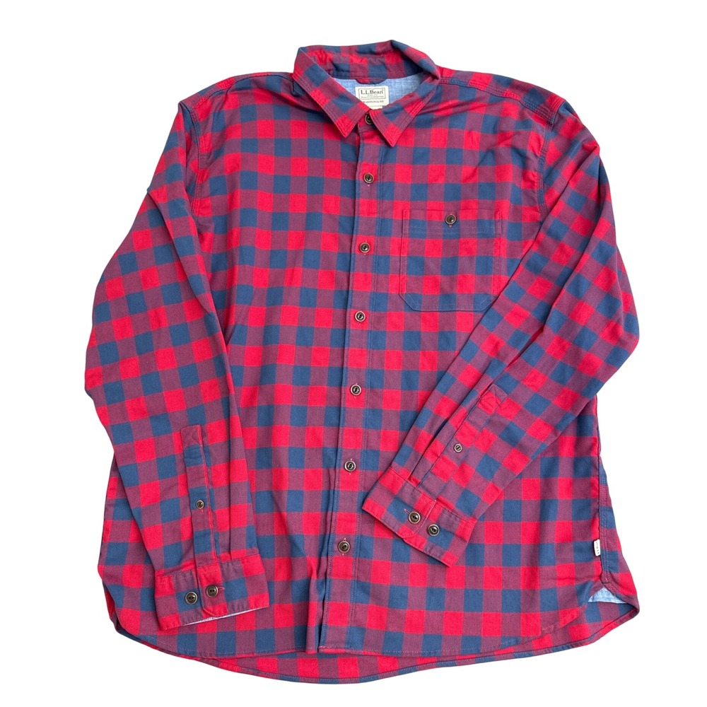 LL Bean Mens Red Blue Buffalo Check Button Down Shirt L-REG 513053 Traditional